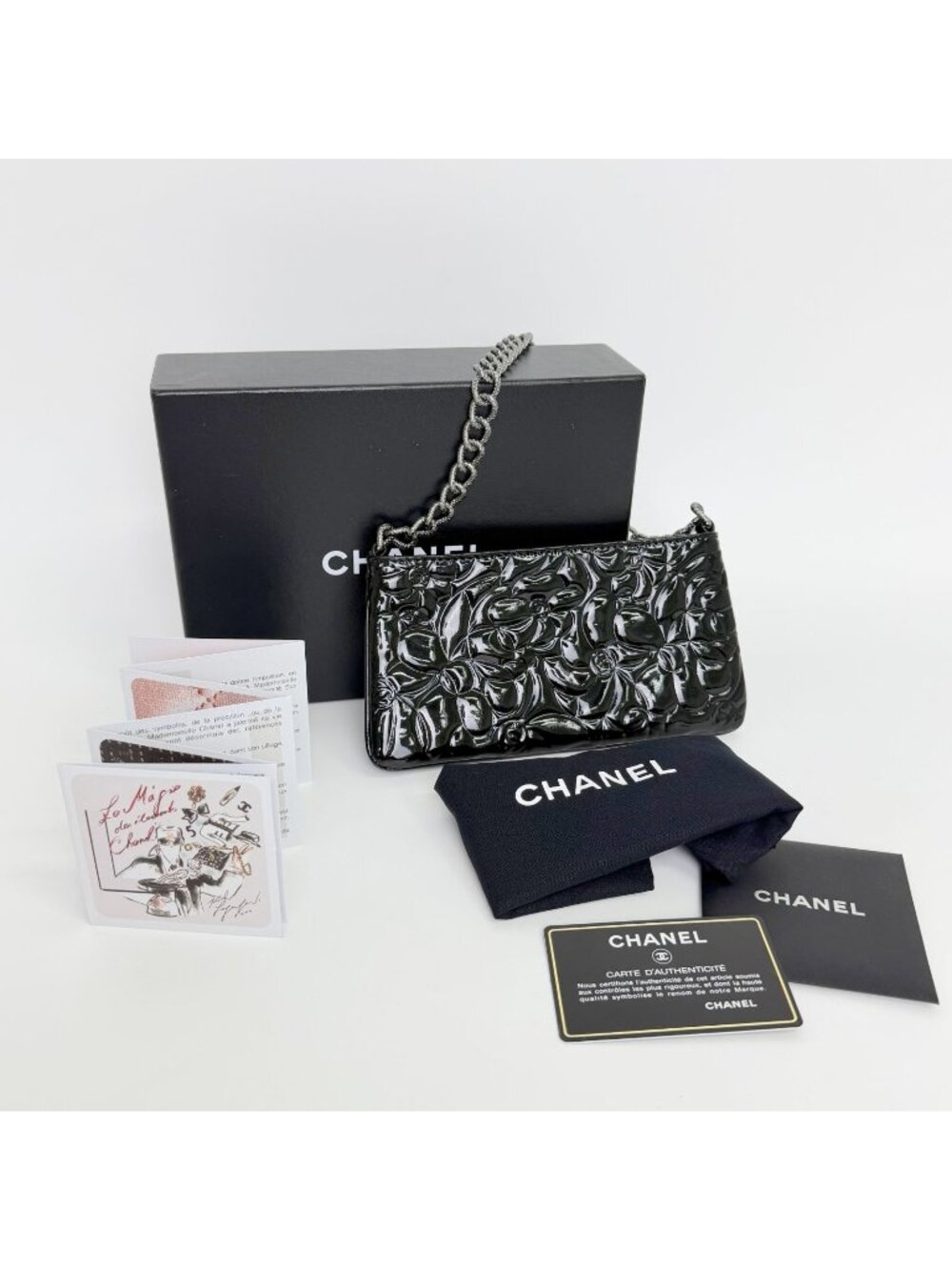 Chanel Camellia Patent Chain Pochette Shoulder Bag Clutch Black Silver Seal